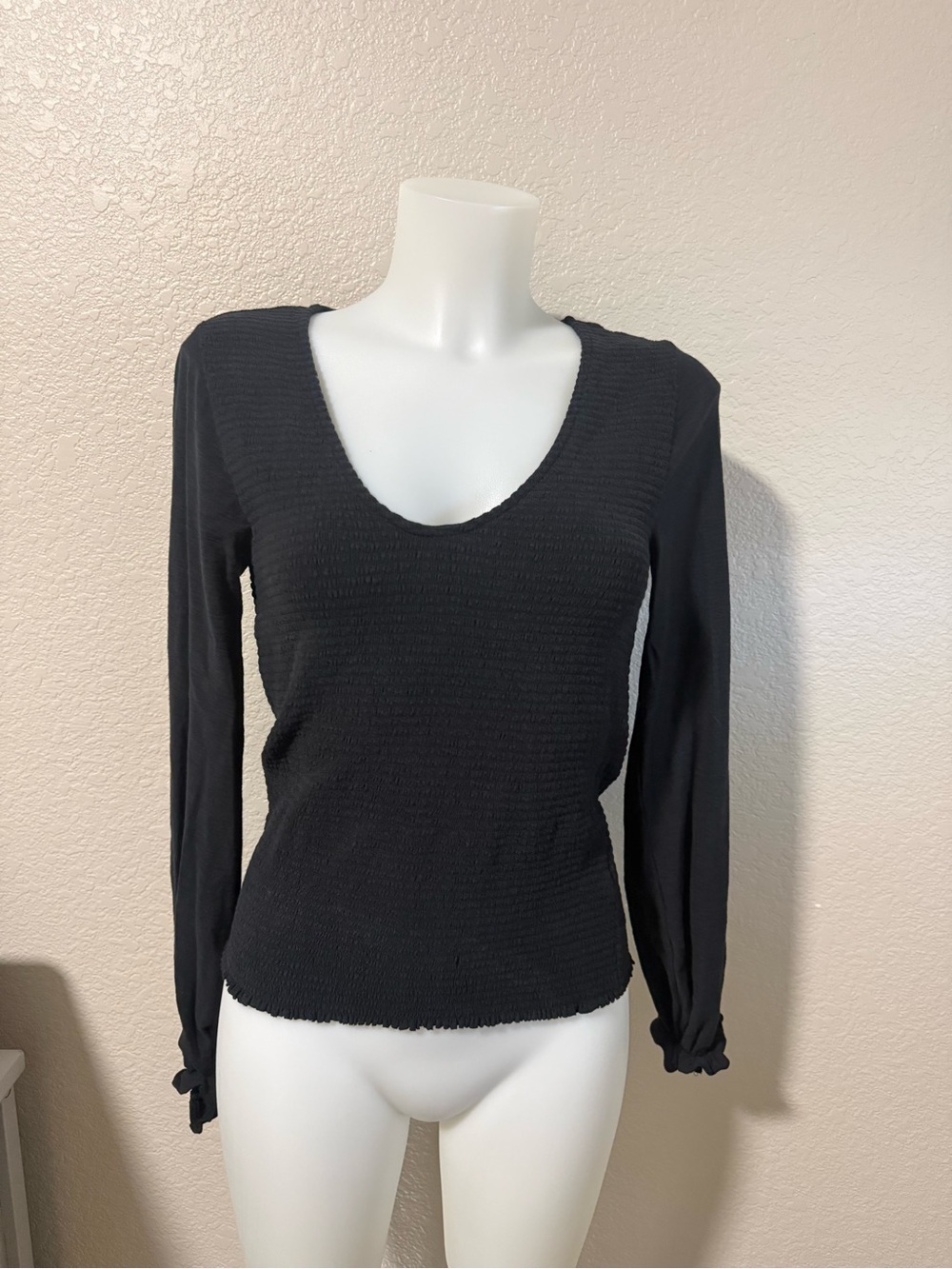 Women's Nation LTD Bunny Smocked Black Long Sleeve Scoop Neck Top - Picture 2 of 7